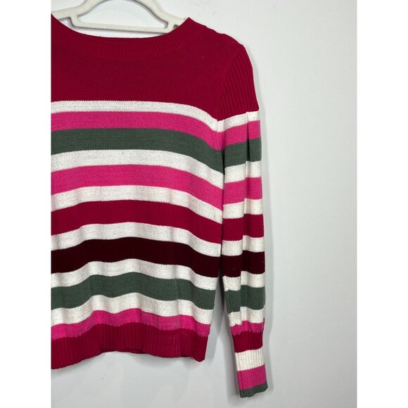 LOFT Striped Knit Crewneck Sweater Pink Green Burgundy Women’s Medium - Picture 4 of 11